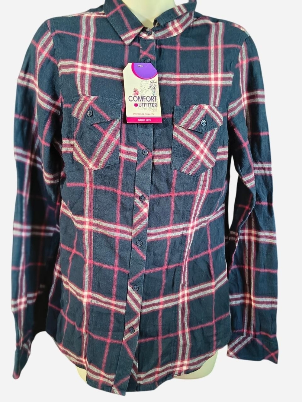 Women's Navy Plaid Button-Down Shirt with Pink Accent